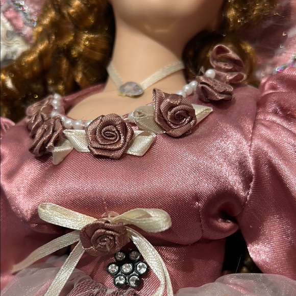 Elegant Pink Porcelain Doll with Lace Hat, auburn curls - Picture 8 of 9